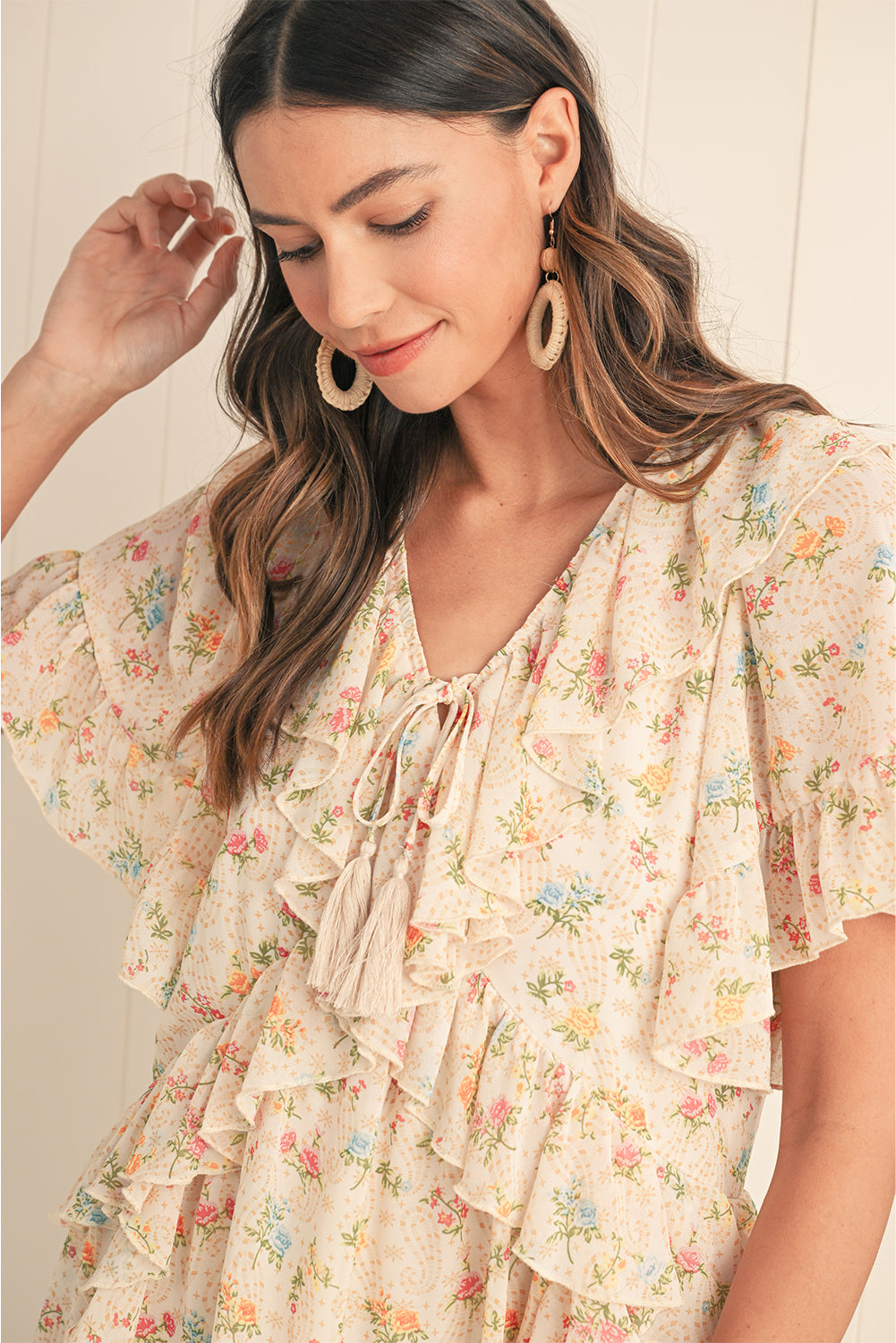 Apricot Boho V Neck Floral Tassel Tie Ruffle Mini Dress - The Fair Lady Shop