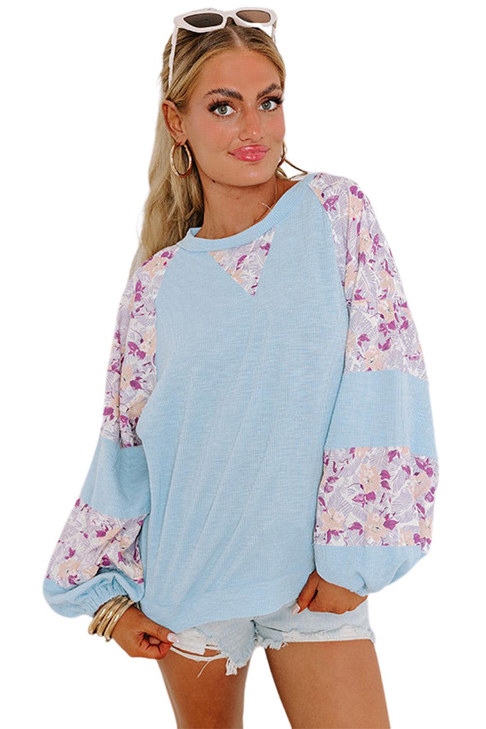 Apricot Crinkle Rib Floral Patchwork Balloon Sleeve Top - The Fair Lady Shop