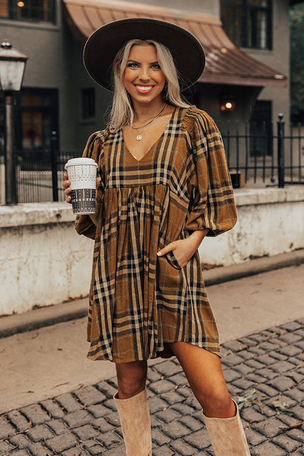 Brown Plaid Pattern Empire Waist Babydoll Dress - The Fair Lady Shop