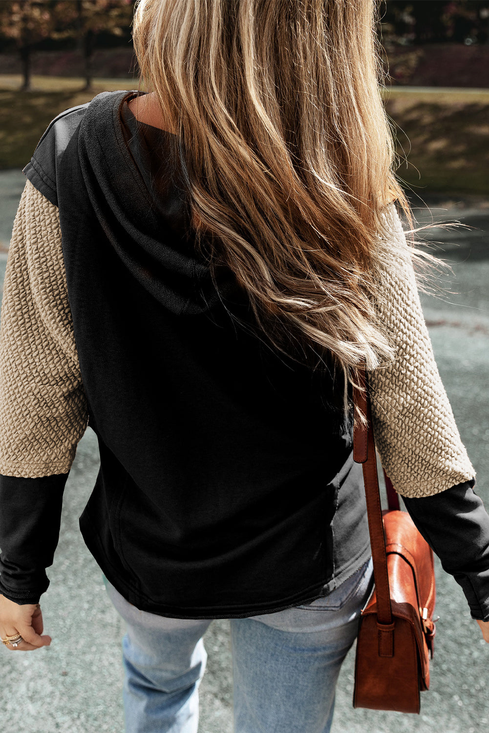 Black Textured Splicing Sleeve Raw Hem Hoodie - The Fair Lady Shop