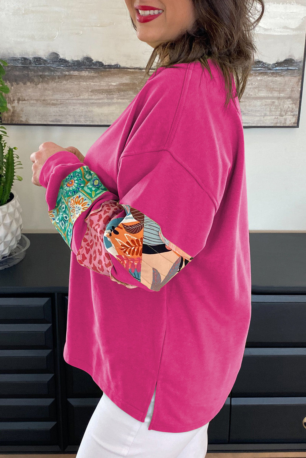 Rose Red Leopard Patchwork Sleeve Split Plus Sweatshirt - The Fair Lady Shop