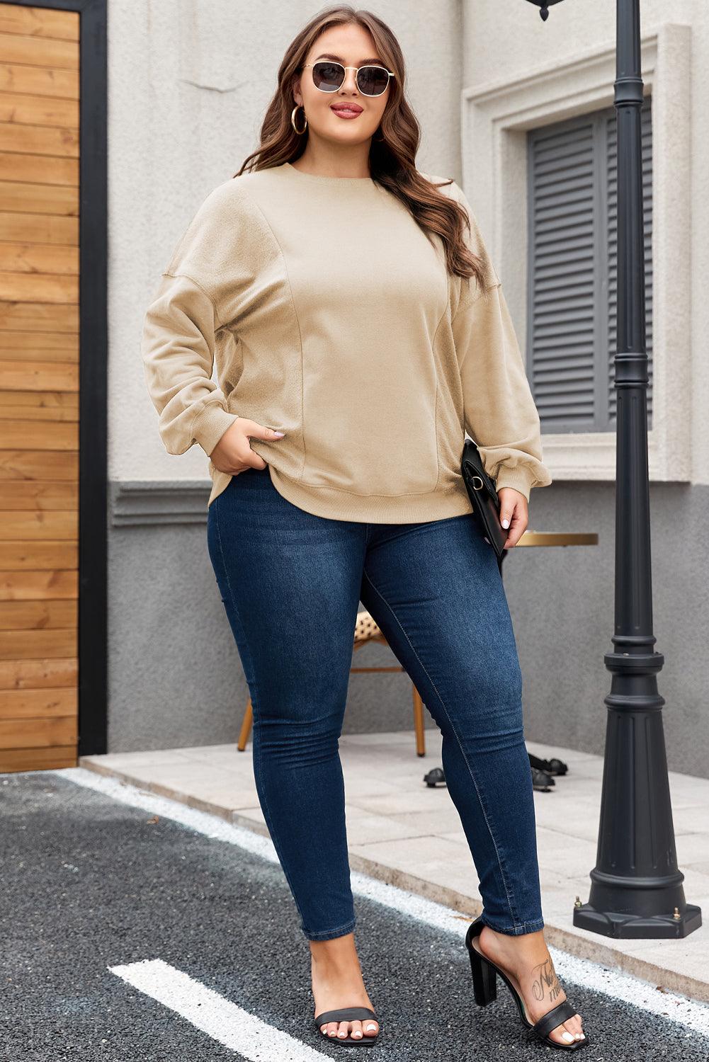 Apricot Loose Patchwork Crewneck Plus Size Sweatshirt - The Fair Lady Shop