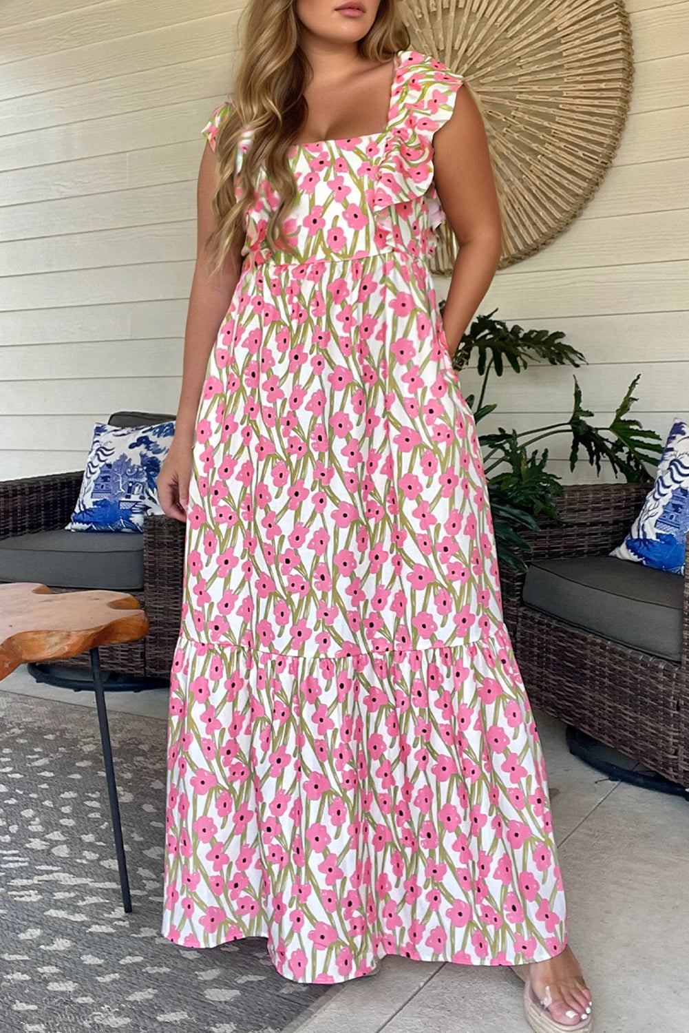Pink Plus Size Ruffle High Waist Floral Maxi Dress - The Fair Lady Shop