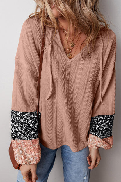 Beige Floral Patchwork Textured Drawstring V Neck Top - The Fair Lady Shop