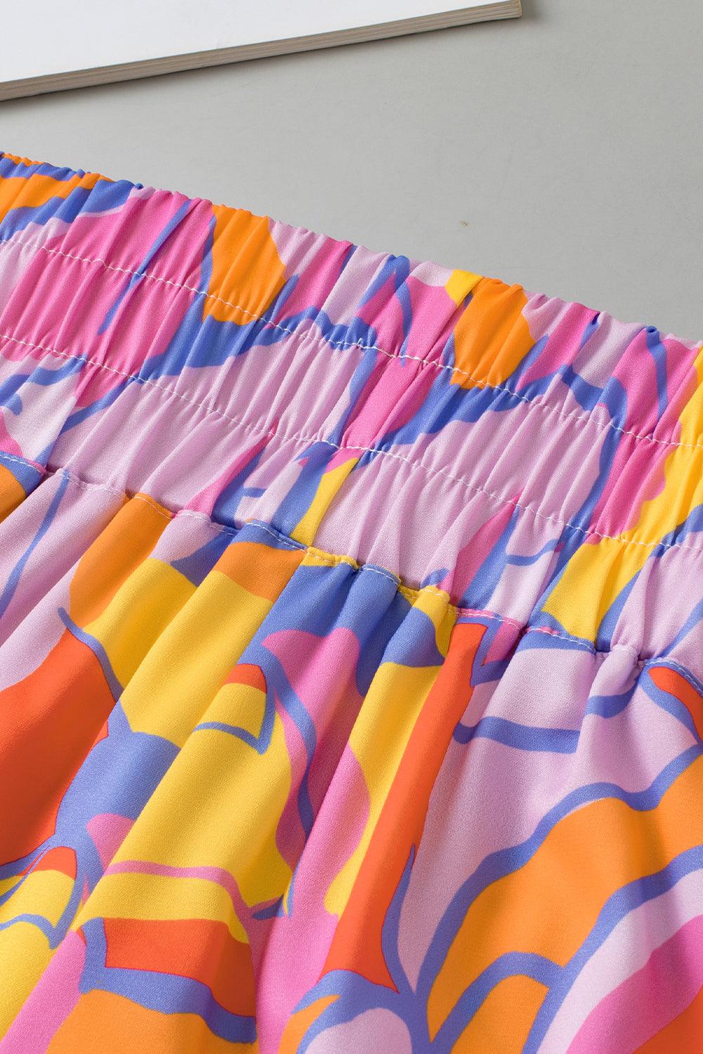 Purple Abstract Print Smocked Waist Flared Shorts - The Fair Lady Shop