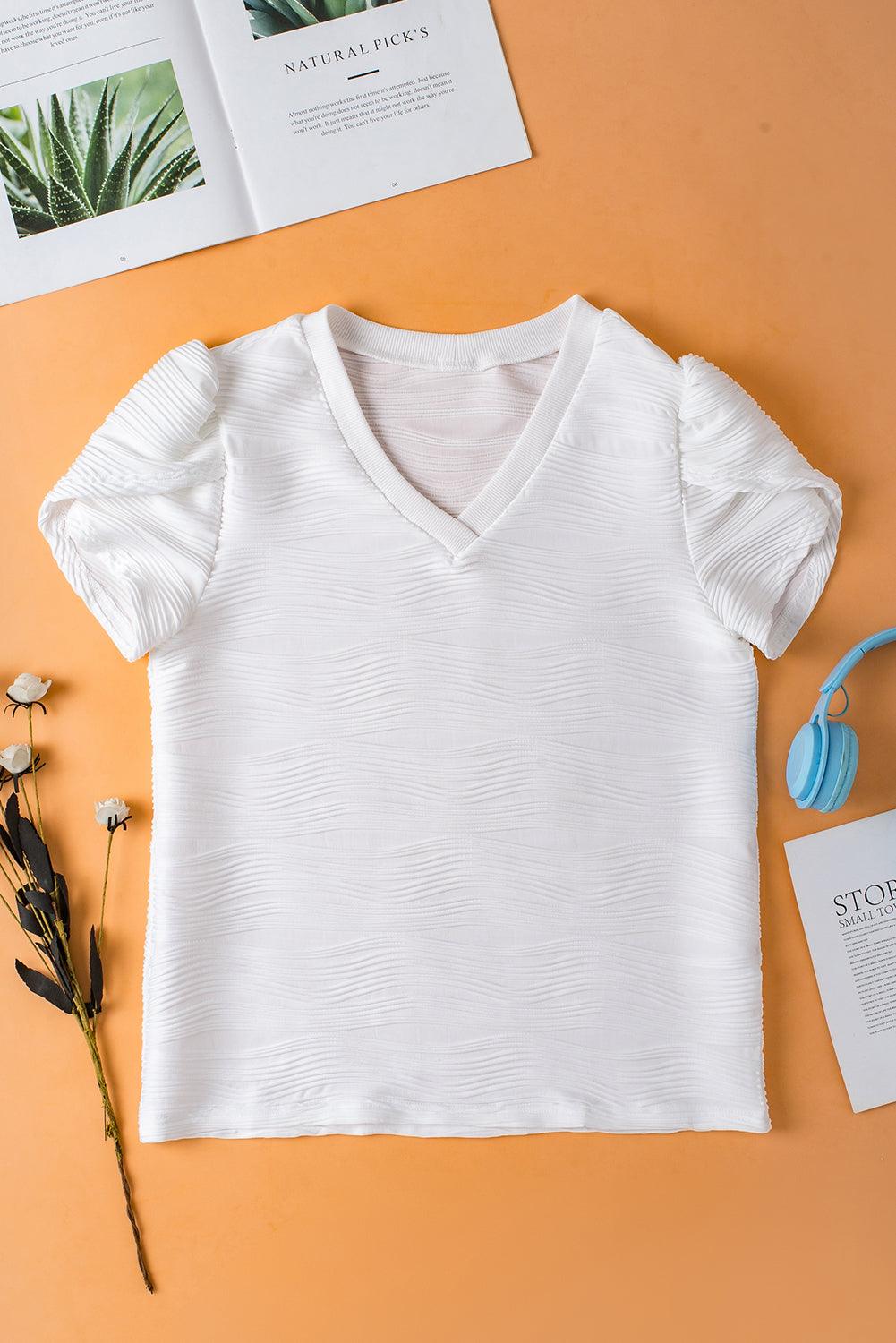 White Textured V-Neck Short Tulip Sleeve T Shirt - The Fair Lady Shop