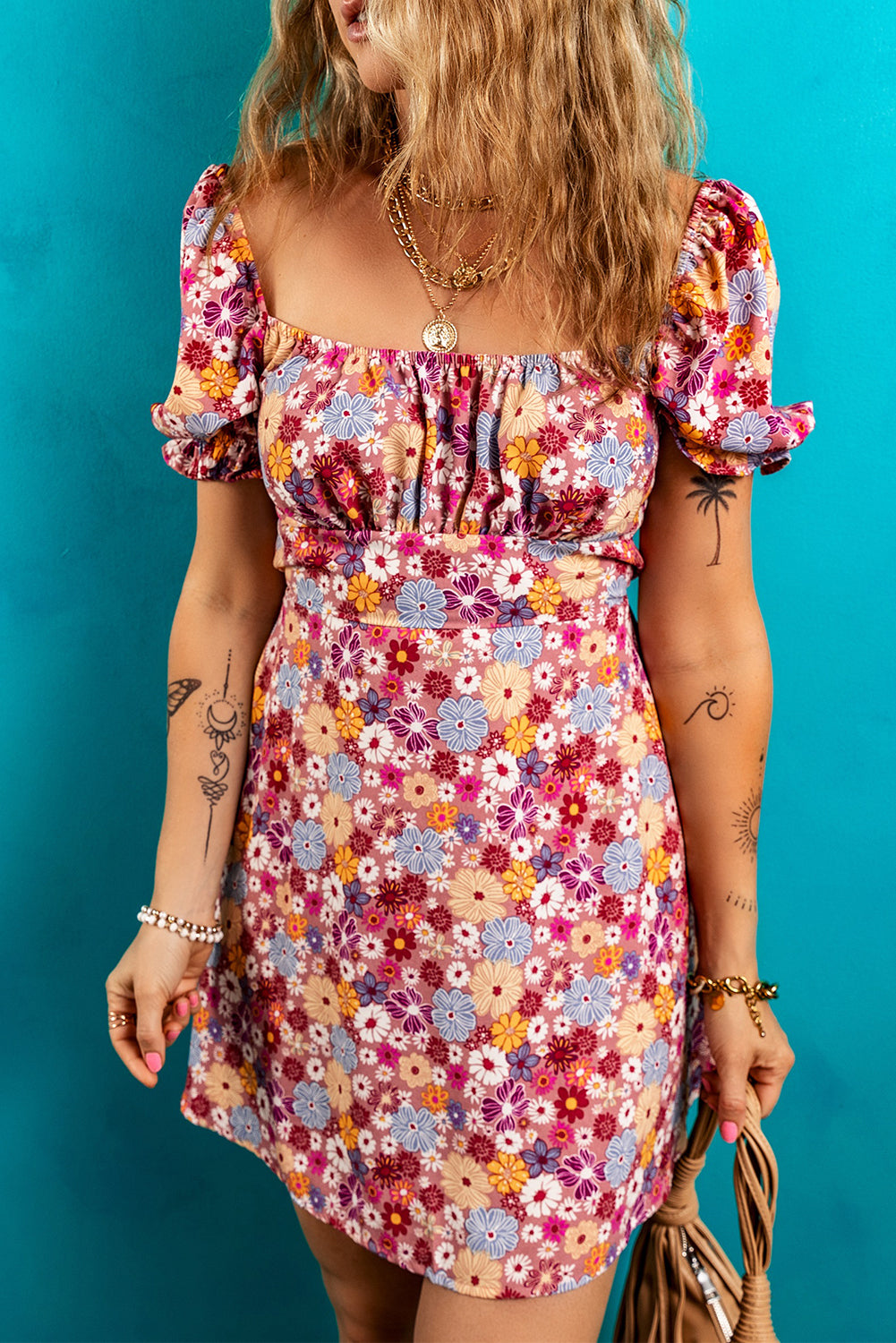 Red Floral Puff Sleeve Square Neck Knot Backless Mini Dress - The Fair Lady Shop