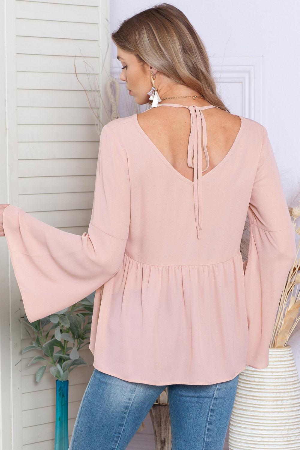 Pink Bell Sleeve Top V Neck Tie Back Peplum Blouse - The Fair Lady Shop