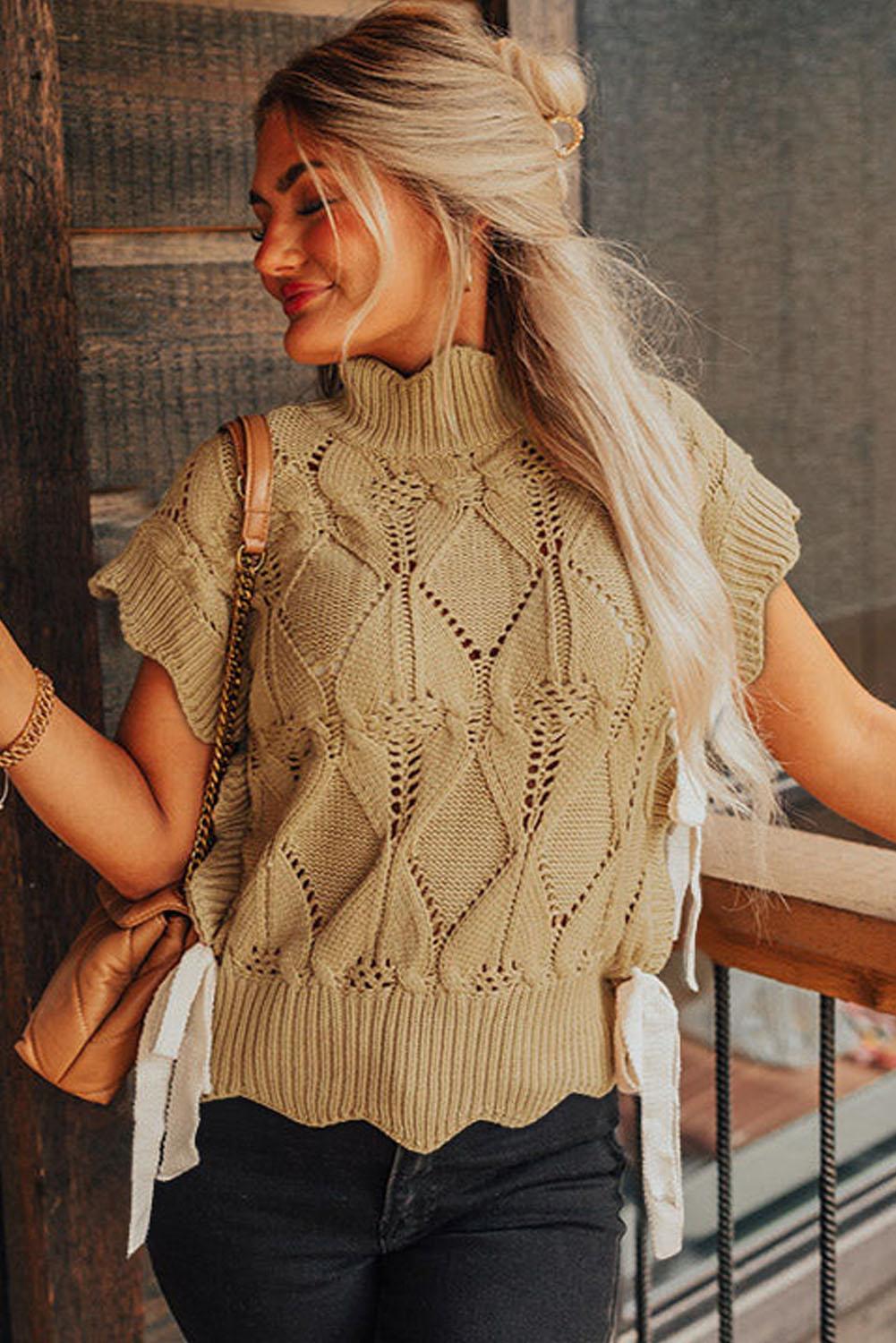 Light French Beige Hollowed Knit Scalloped Trim High Neck Sweater - The Fair Lady Shop