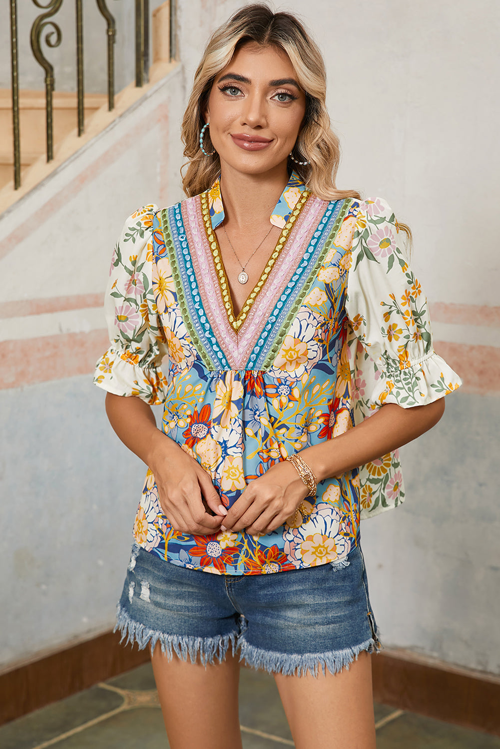 Multicolour Half Sleeve Boho Floral Pop of Color Neckline Blouse - The Fair Lady Shop