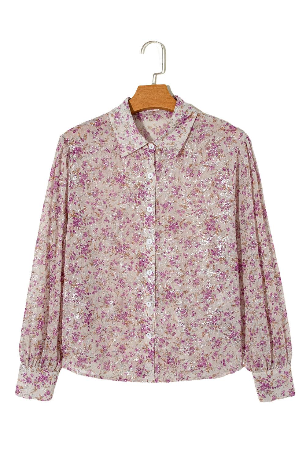 Pink Ditsy Floral Print Bishop Sleeve Collared V Neck Shirt - The Fair Lady Shop