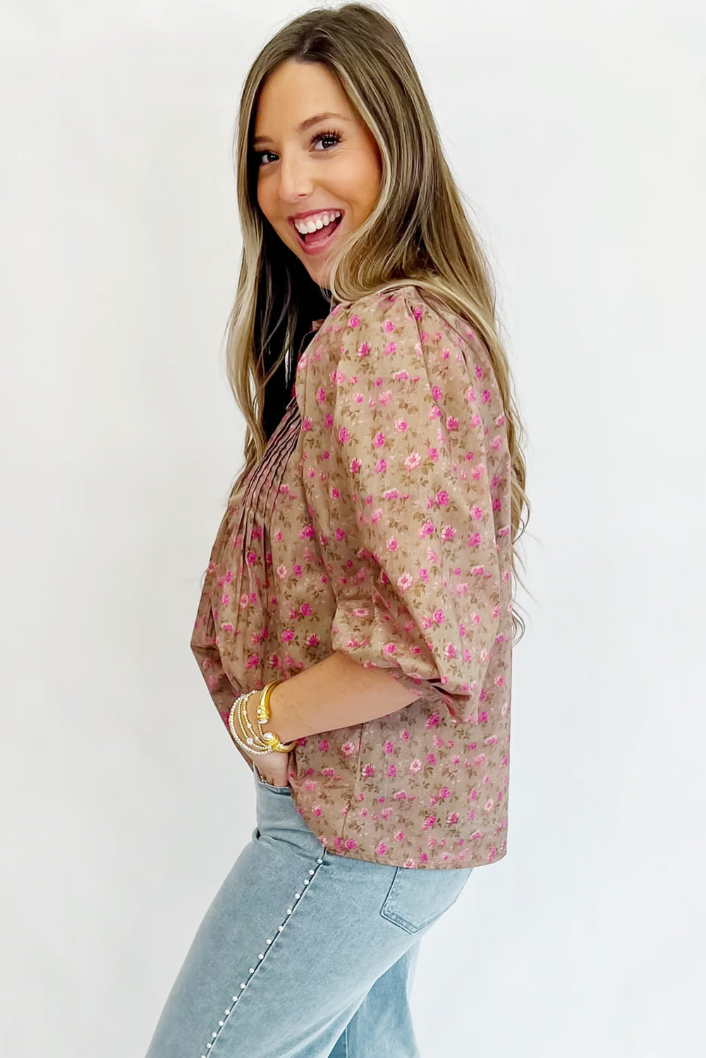 Light French Beige Ditsy Floral Print Bow Front Puff Sleeve Blouse - The Fair Lady Shop