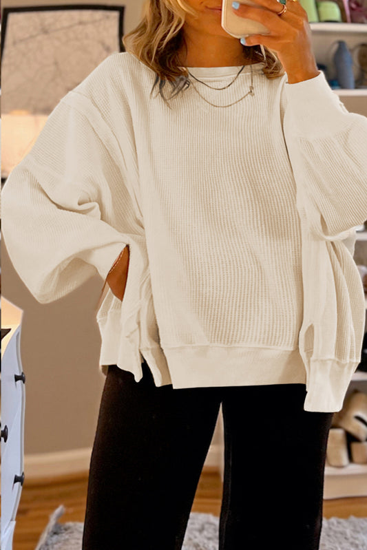 White Solid Color Waffle Drop Shoulder Plus Size Sweatshirt - The Fair Lady Shop