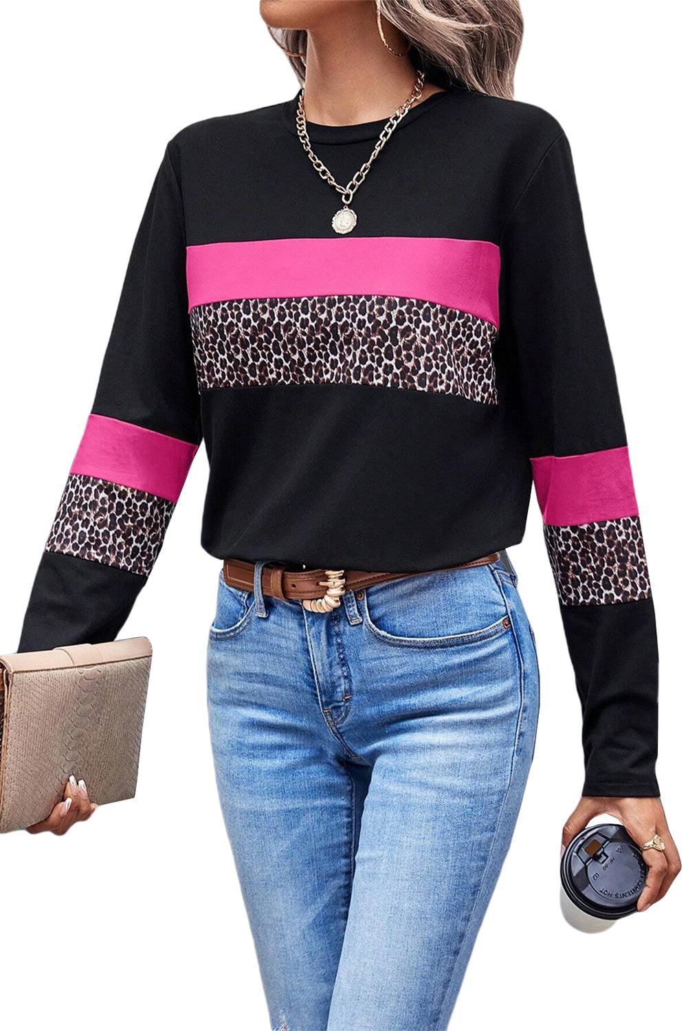 White Leopard Colorblock Patchwork Crew Neck Top - The Fair Lady Shop