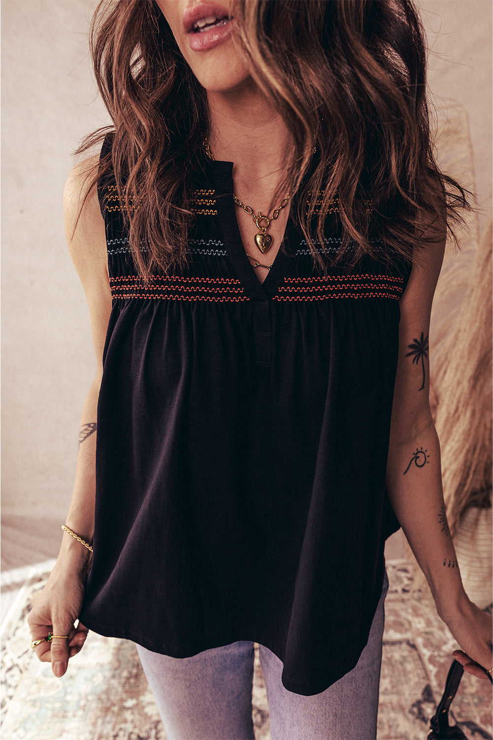 Black Shirred Yoke Notched V Neck Tank Top - The Fair Lady Shop
