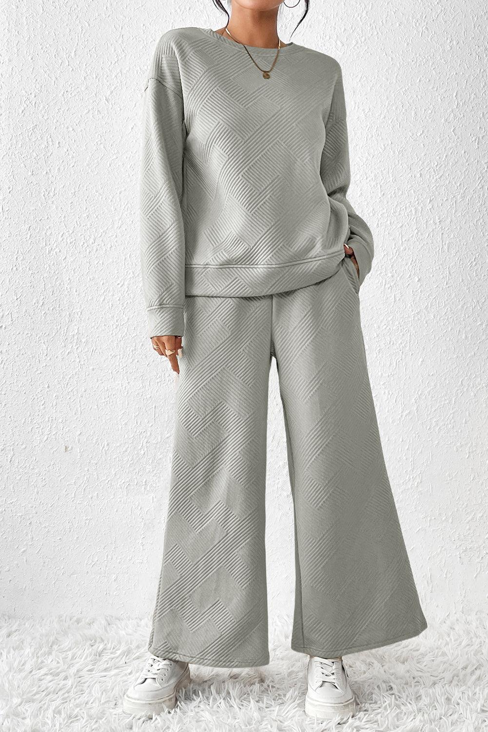 Dark Brown Textured Loose Slouchy Long Sleeve Top and Pants Set - The Fair Lady Shop