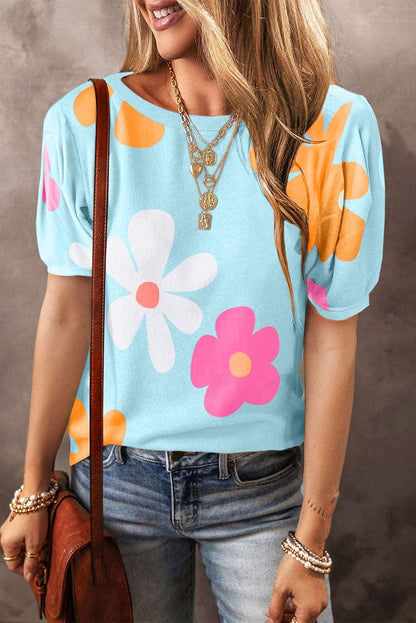 Apricot Colorful Flower Print Bubble Sleeve Tee - The Fair Lady Shop