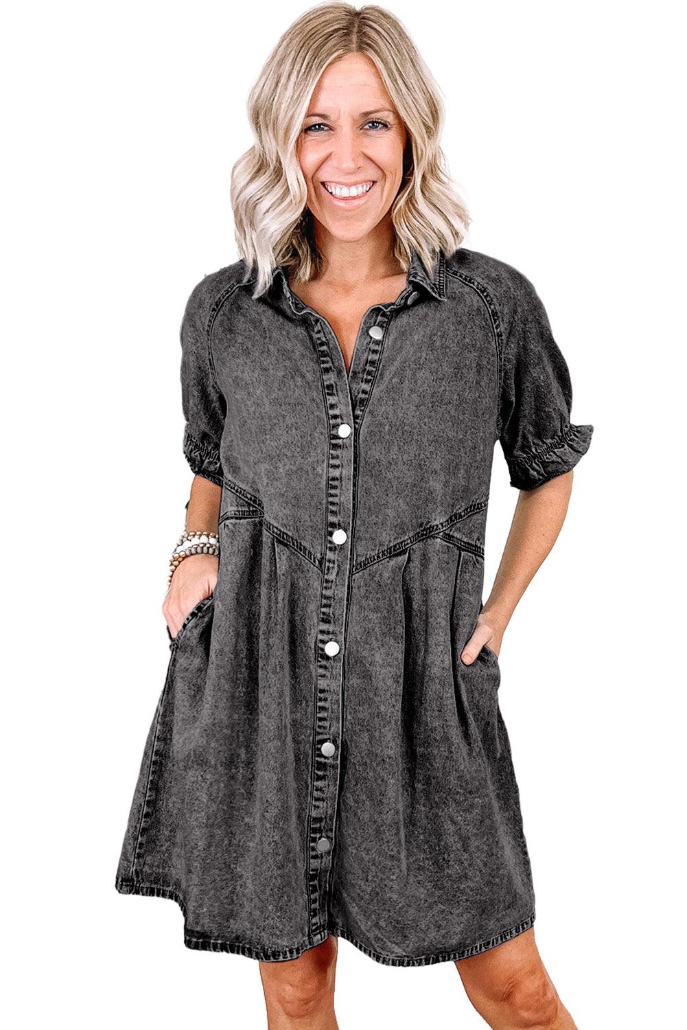 Blue Mineral Washed Ruffled Short Sleeve Pocketed Denim Dress - The Fair Lady Shop