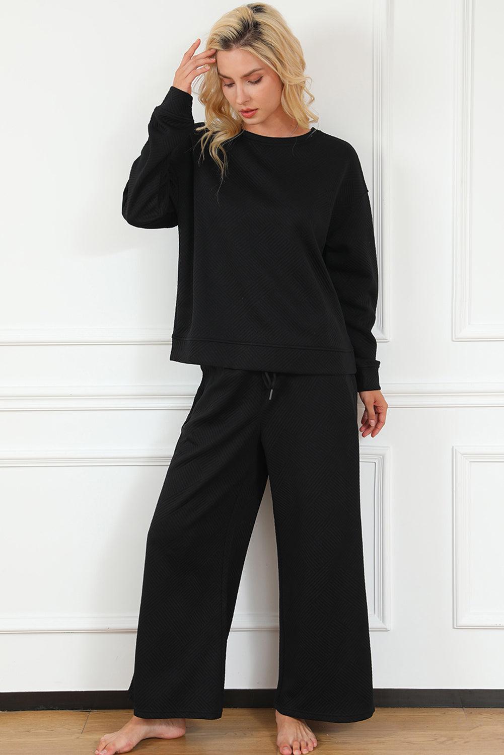 Dark Brown Textured Loose Slouchy Long Sleeve Top and Pants Set - The Fair Lady Shop