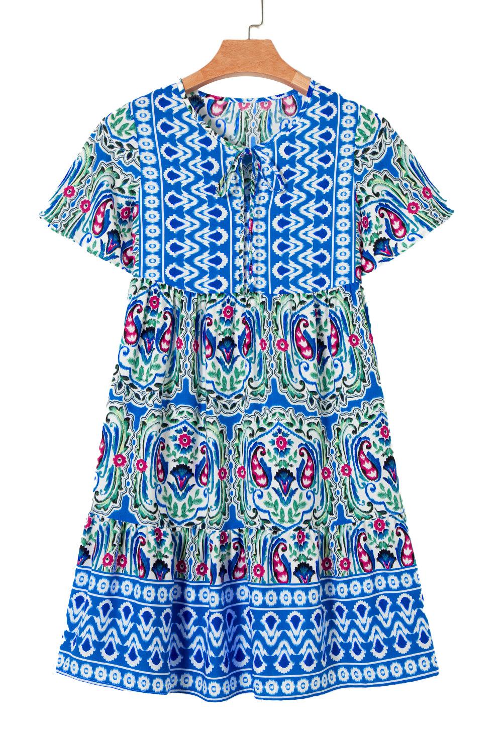 Orange Bohemian Tie Neck Flounce Sleeve Ruffle Hem Mini Dress - The Fair Lady Shop