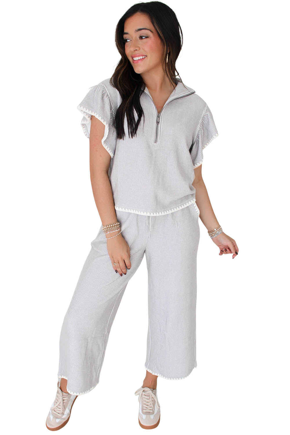 Gray Stripe Short Sleeve Collar Top And Shift Pants Set - The Fair Lady Shop