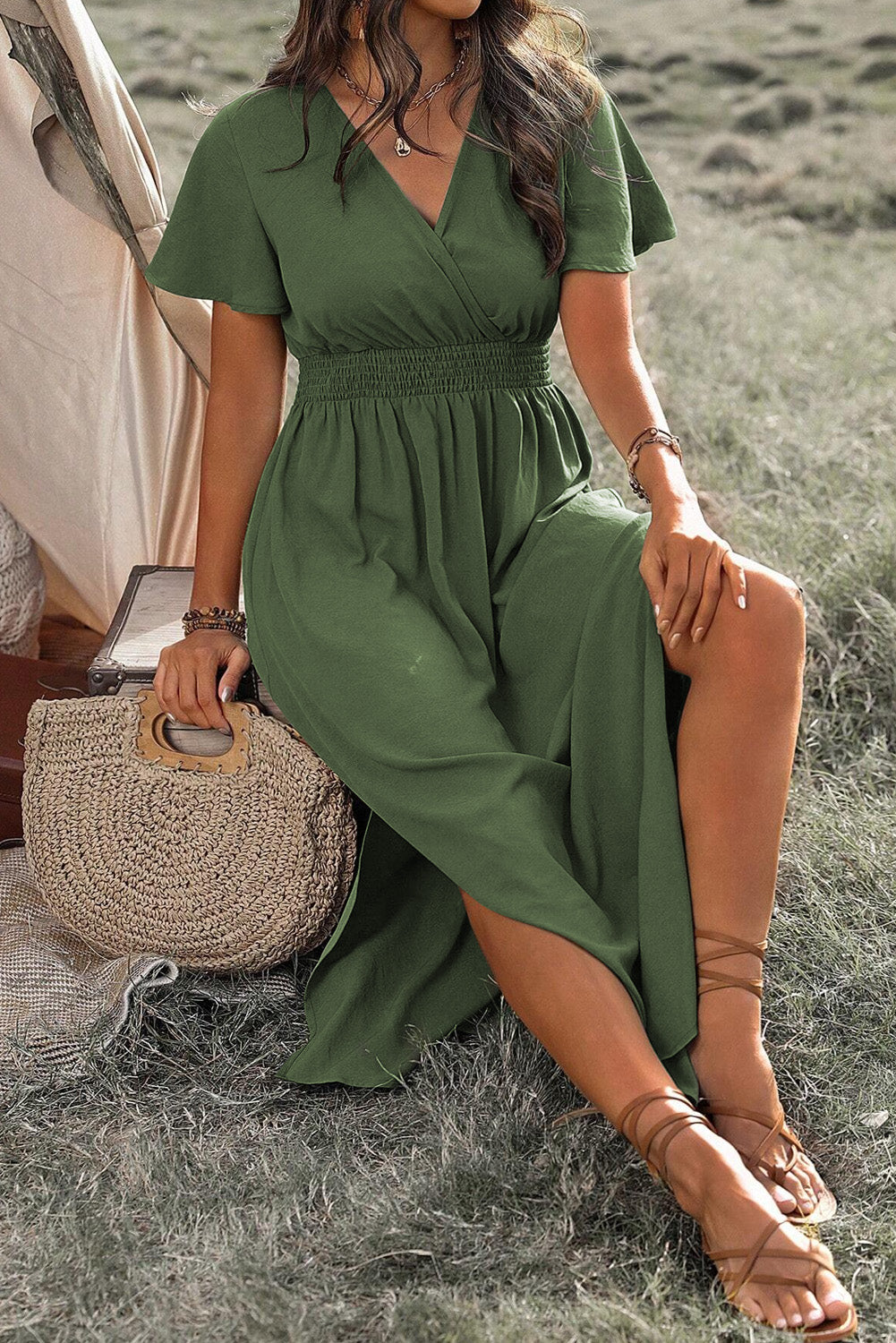 Green Surplice Neckline Smocked High Waist Plus Size Maxi Dress - The Fair Lady Shop