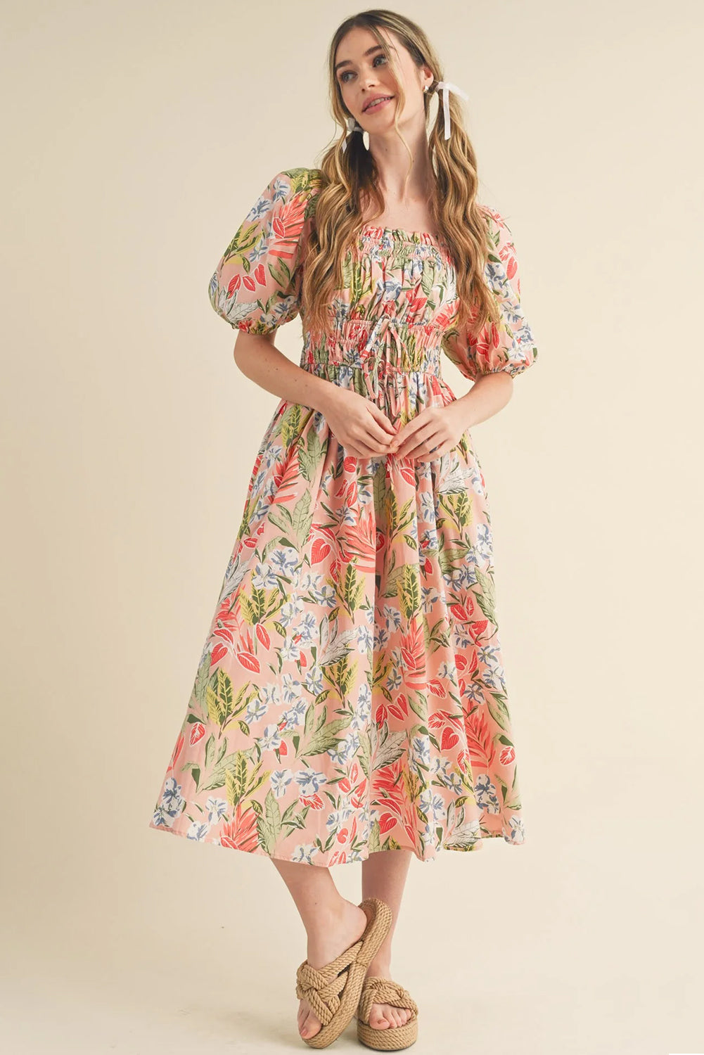 Apricot Pink Floral Knot Front Smocked Bubble Sleeve Dress - The Fair Lady Shop