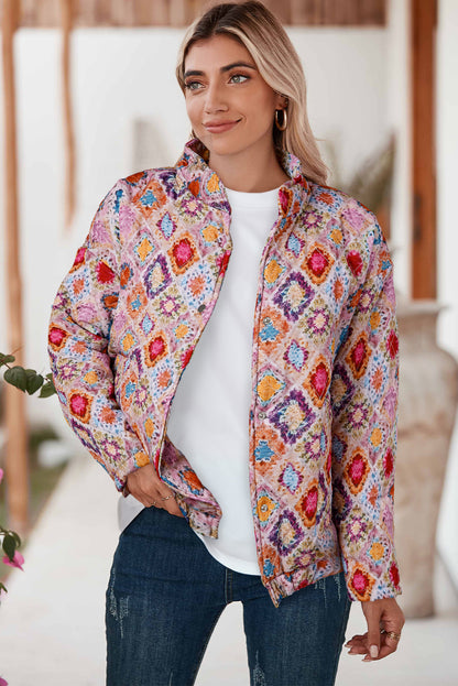 Multicolour Checkered Floral Print Snap Buttons Coat - The Fair Lady Shop