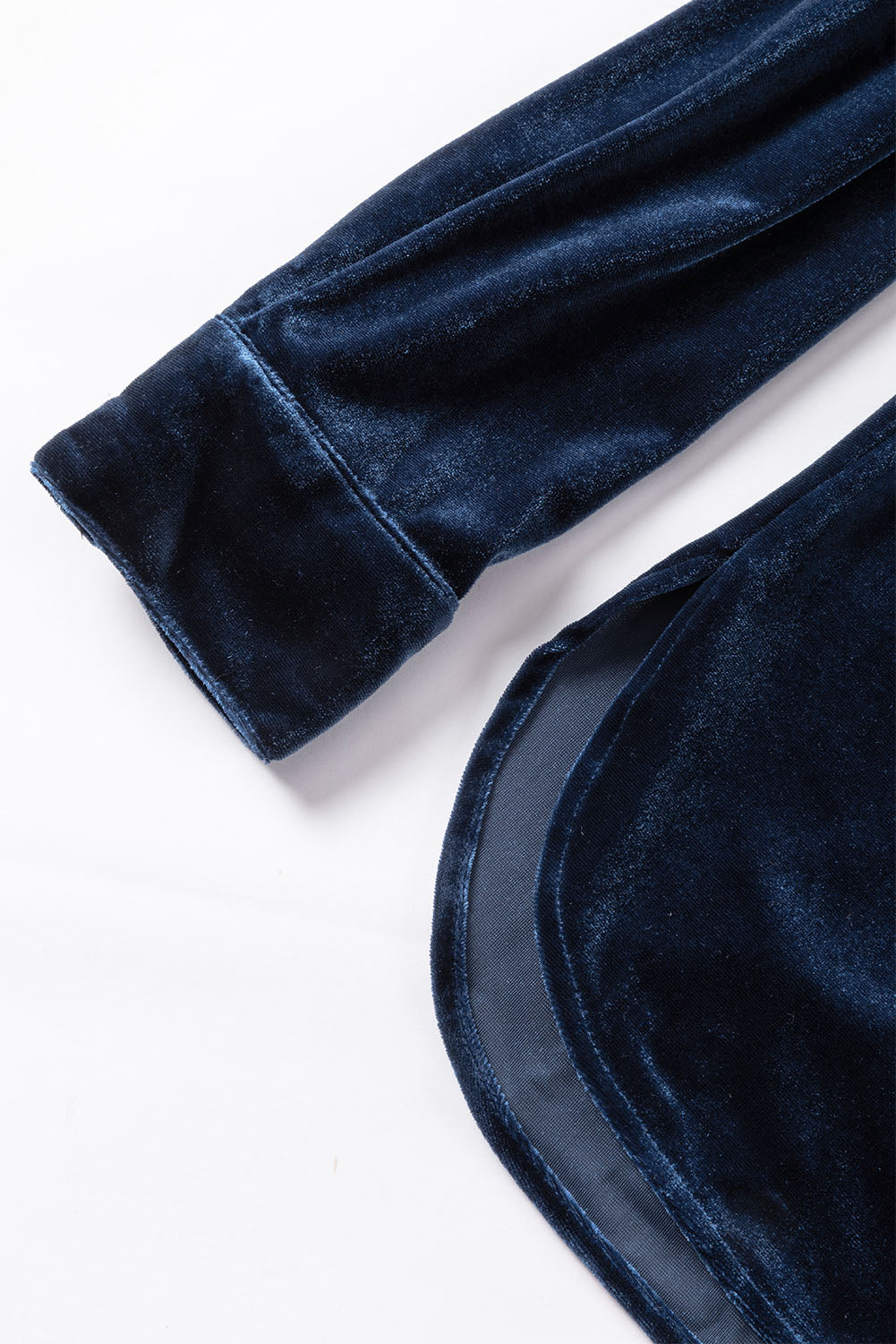 Navy Blue Frilled Buttoned V Neck Velvet Blouse - The Fair Lady Shop