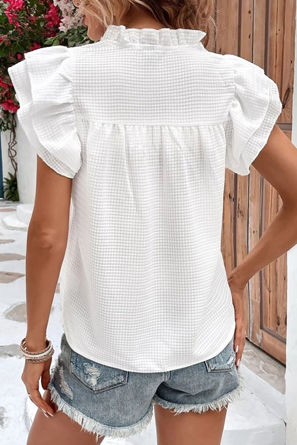 White Basic Textured Tiered Ruffle Sleeve Blouse for Women - The Fair Lady Shop