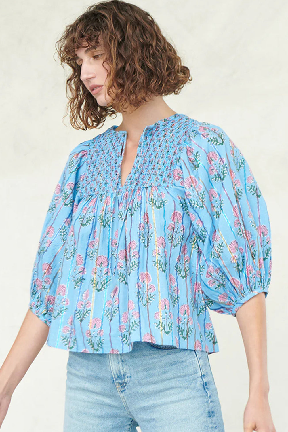 Sky Blue Floral Striped Smocked V Neck Blouse - The Fair Lady Shop