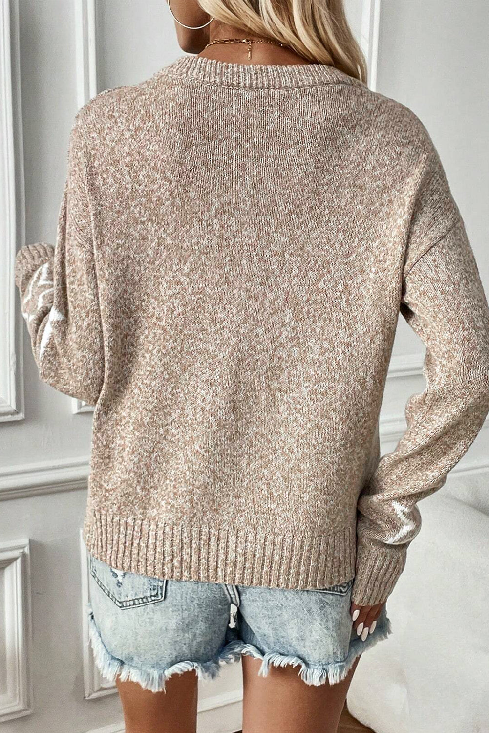 Khaki Star Pattern Drop Shoulder Knit Sweater - The Fair Lady Shop