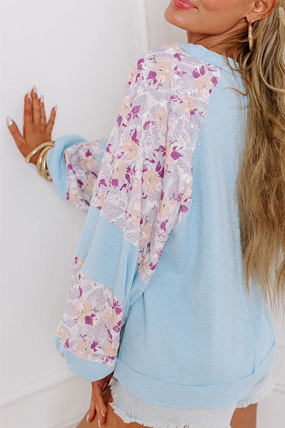 Apricot Crinkle Rib Floral Patchwork Balloon Sleeve Top - The Fair Lady Shop