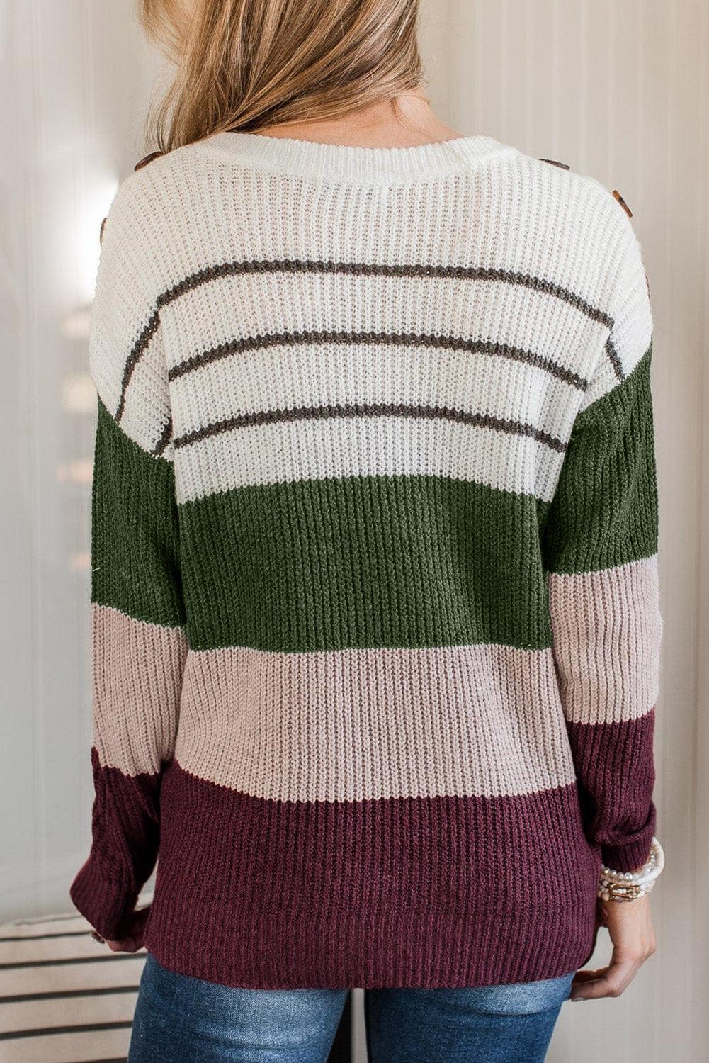 Green Color Block Striped Buttoned Shoulder Split Sweater - The Fair Lady Shop