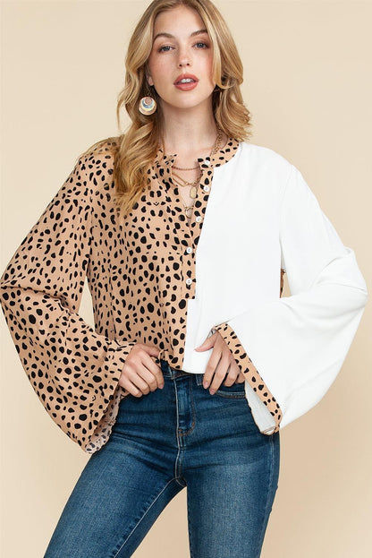 Khaki Leopard and White Patchwork Henley Blouse - The Fair Lady Shop