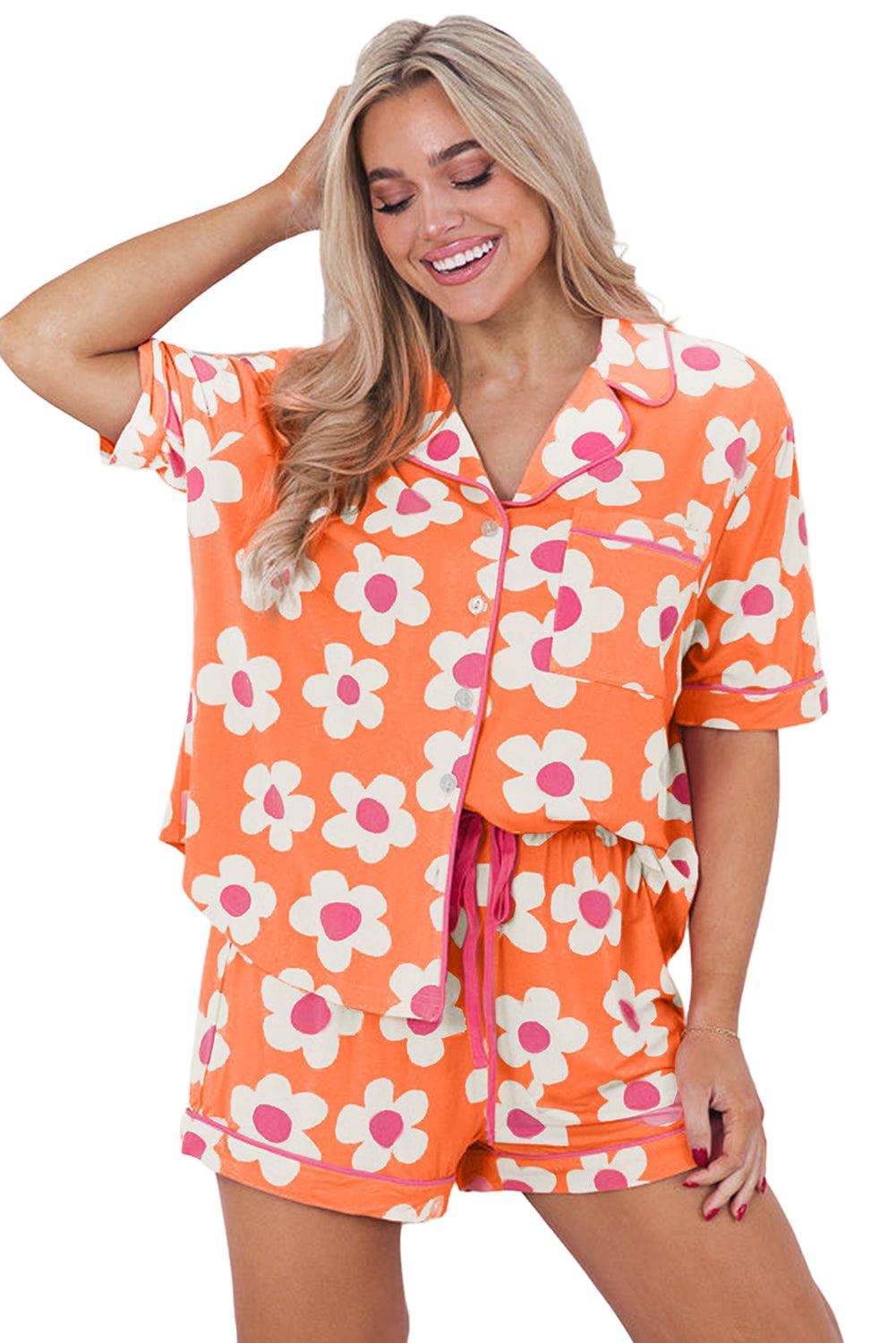 Green Flower Print Buttoned Shirt and Drawstring Waist Pajama Set - The Fair Lady Shop