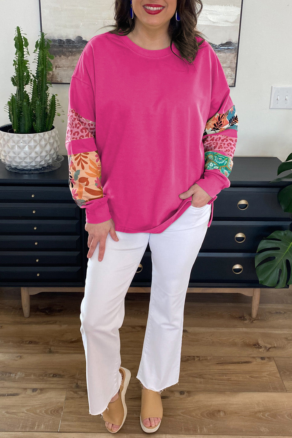 Rose Red Leopard Patchwork Sleeve Split Plus Sweatshirt - The Fair Lady Shop