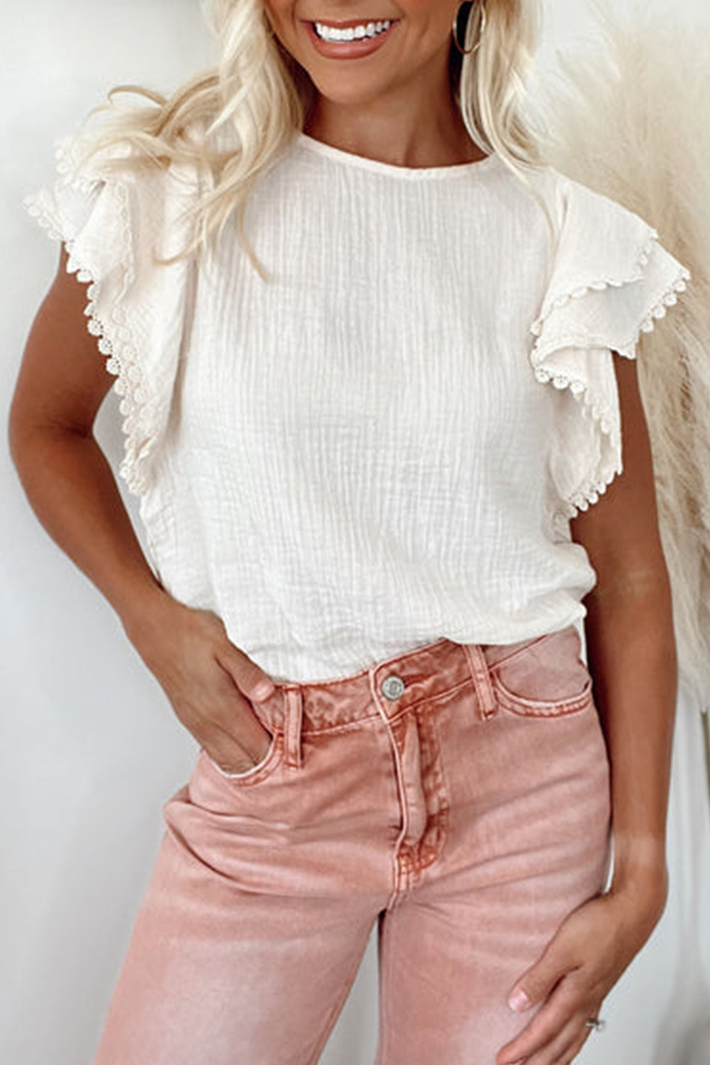 White Crinkled Layered Ruffled Flutter Sleeve Blouse - The Fair Lady Shop