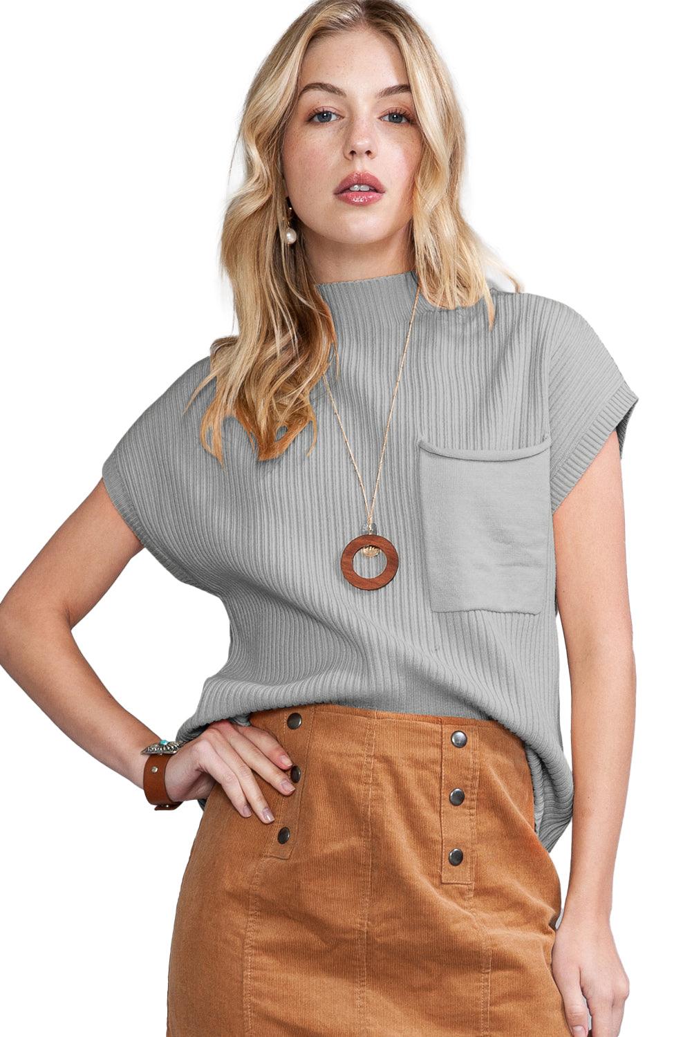 Green Patch Pocket Ribbed Knit Short Sleeve Sweater - The Fair Lady Shop