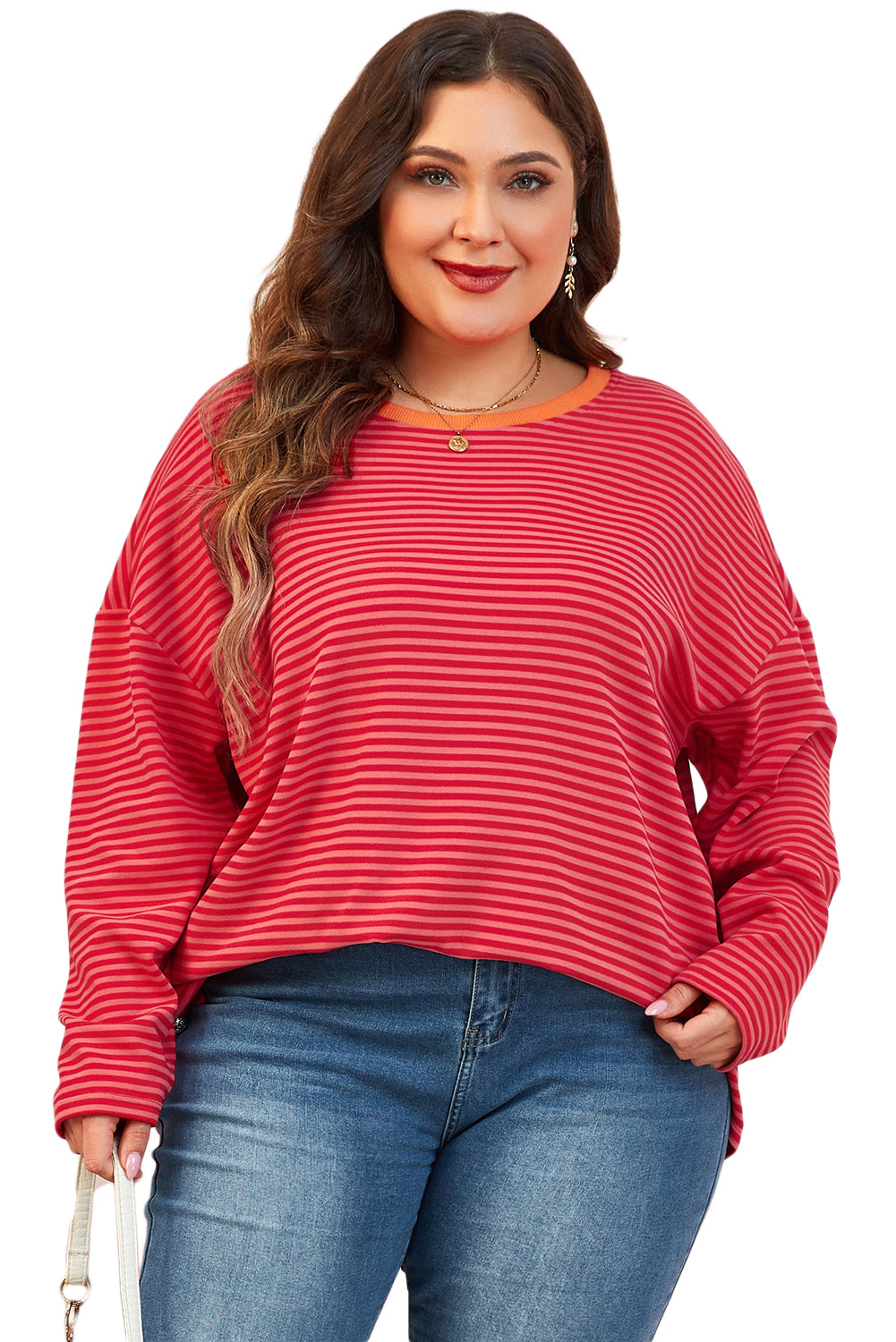 Orange Stripe Plus Size Drop Shoulder Long Sleeve Top - The Fair Lady Shop