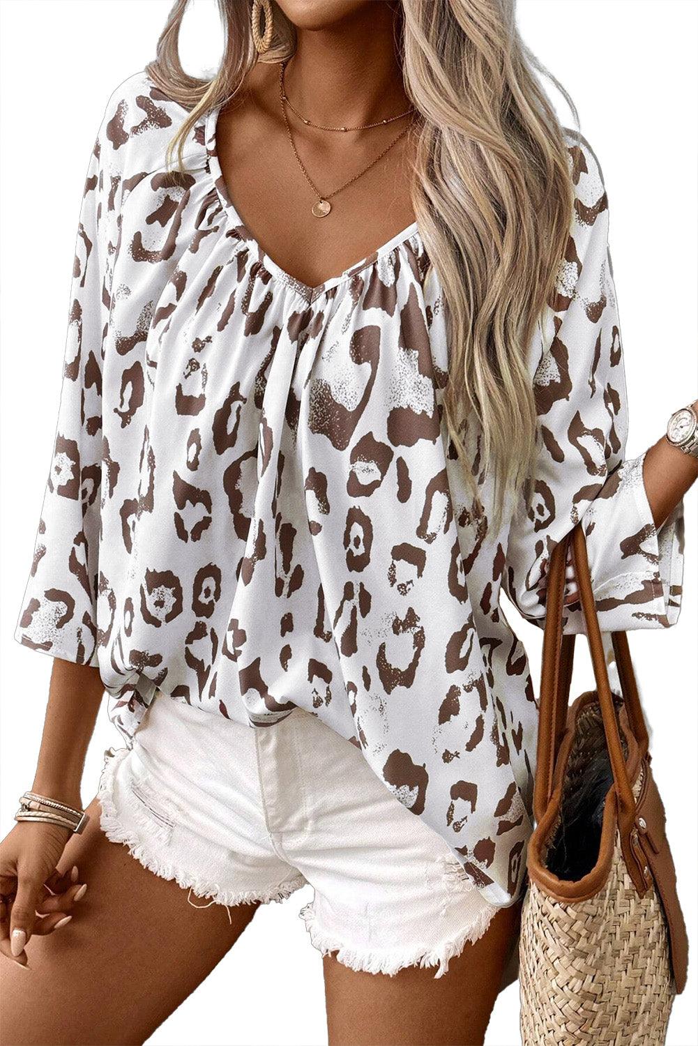 Black Leopard Print V Neck 3/4 Sleeve Blouse - The Fair Lady Shop