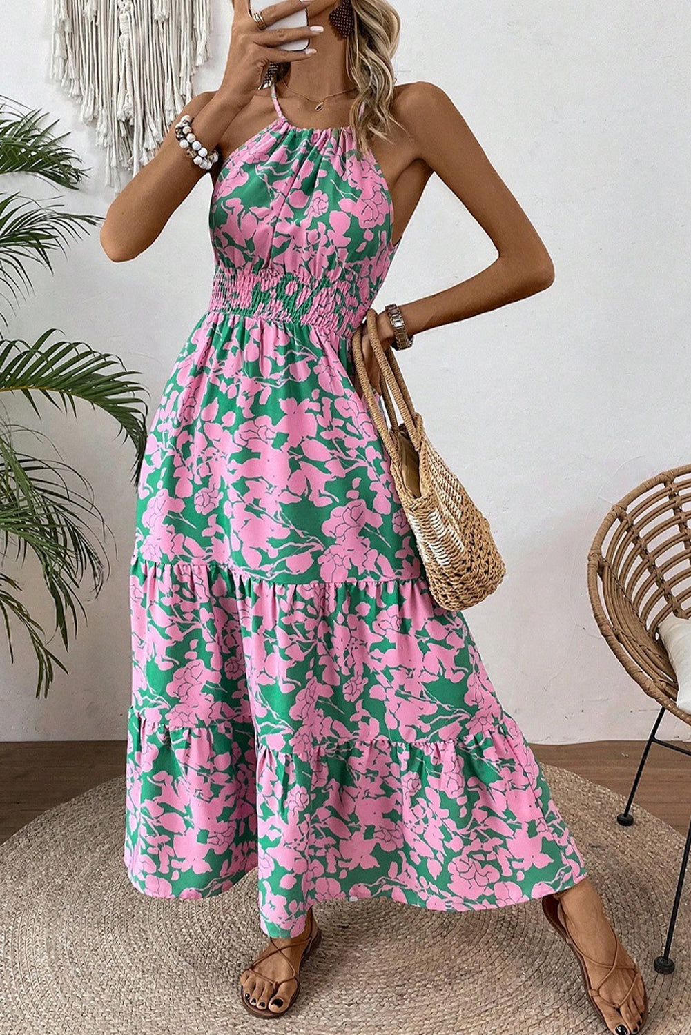 Pink Floral Shirred High Waist Tiered Halter Dress - The Fair Lady Shop