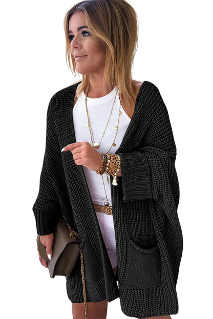 Black Batwing Sleeve Pocket Oversized Cable Knit Cardigan - The Fair Lady Shop