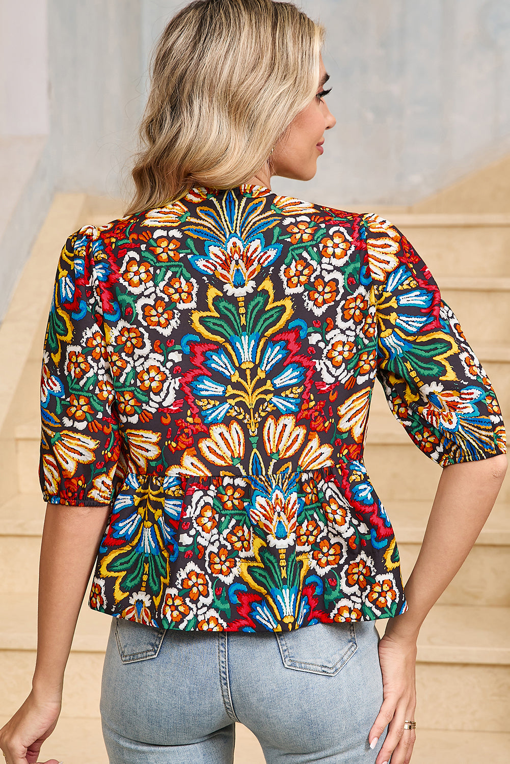 Black Bohemian Tropical Print Front Tie V-Neck Bubble Sleeve Blouse - The Fair Lady Shop