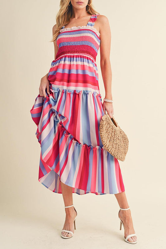 Red Stripe Ruffled Straps Smocked Tiered Midi Dress - The Fair Lady Shop