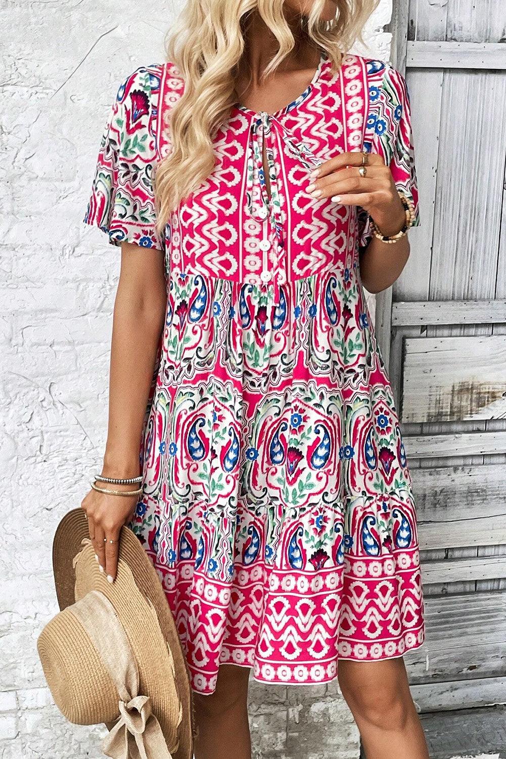 Orange Bohemian Tie Neck Flounce Sleeve Ruffle Hem Mini Dress - The Fair Lady Shop