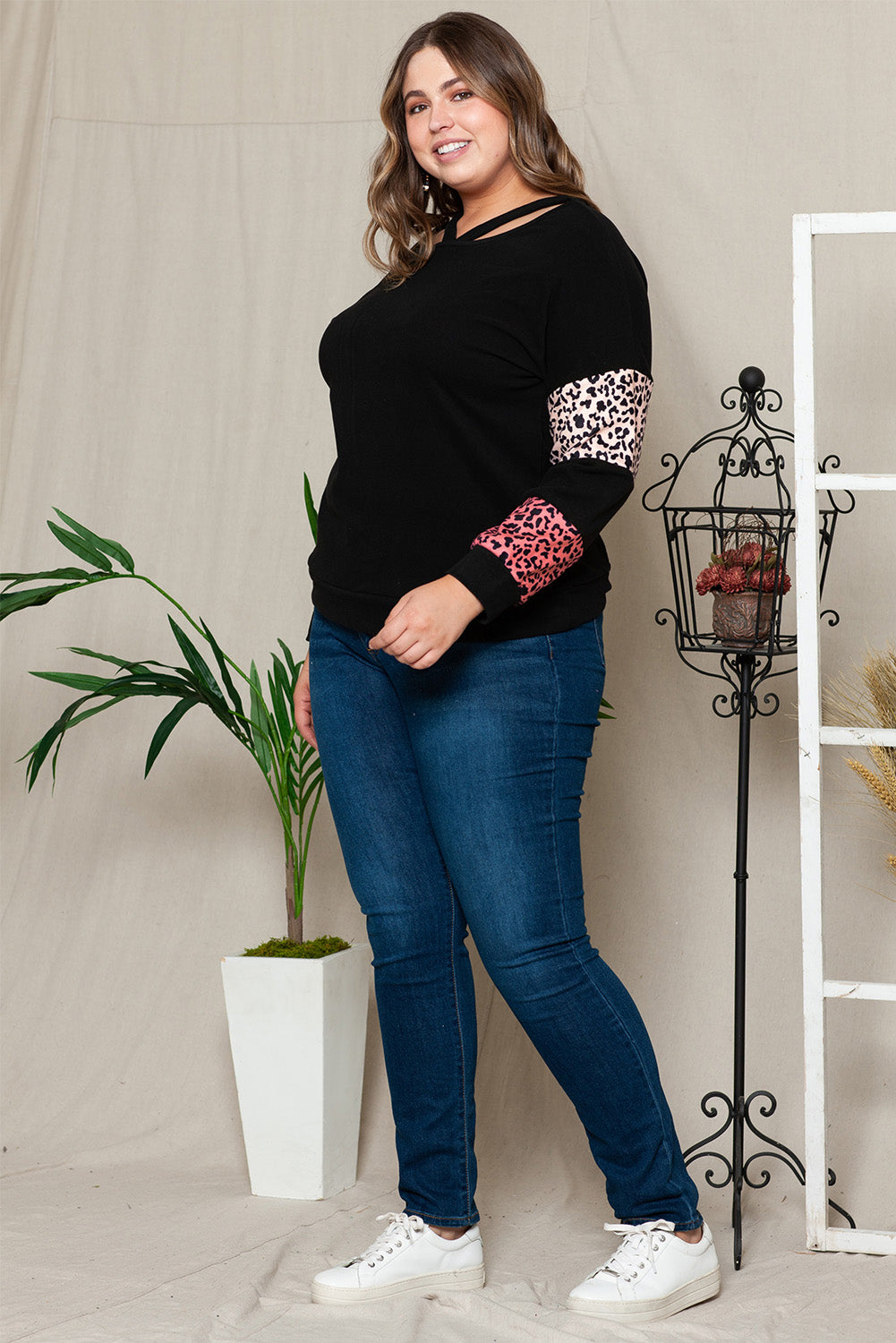Black Plus Size Leopard Patchwork Strappy Neck Top - The Fair Lady Shop