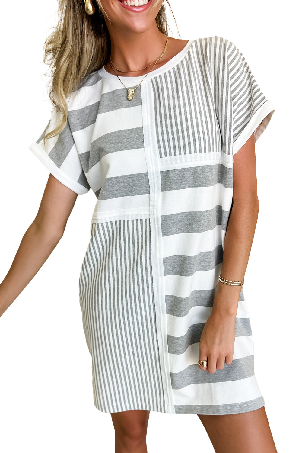 Gray Stripe Mixed Printed Short Sleeve Shift Mini T Shirt Dress - The Fair Lady Shop