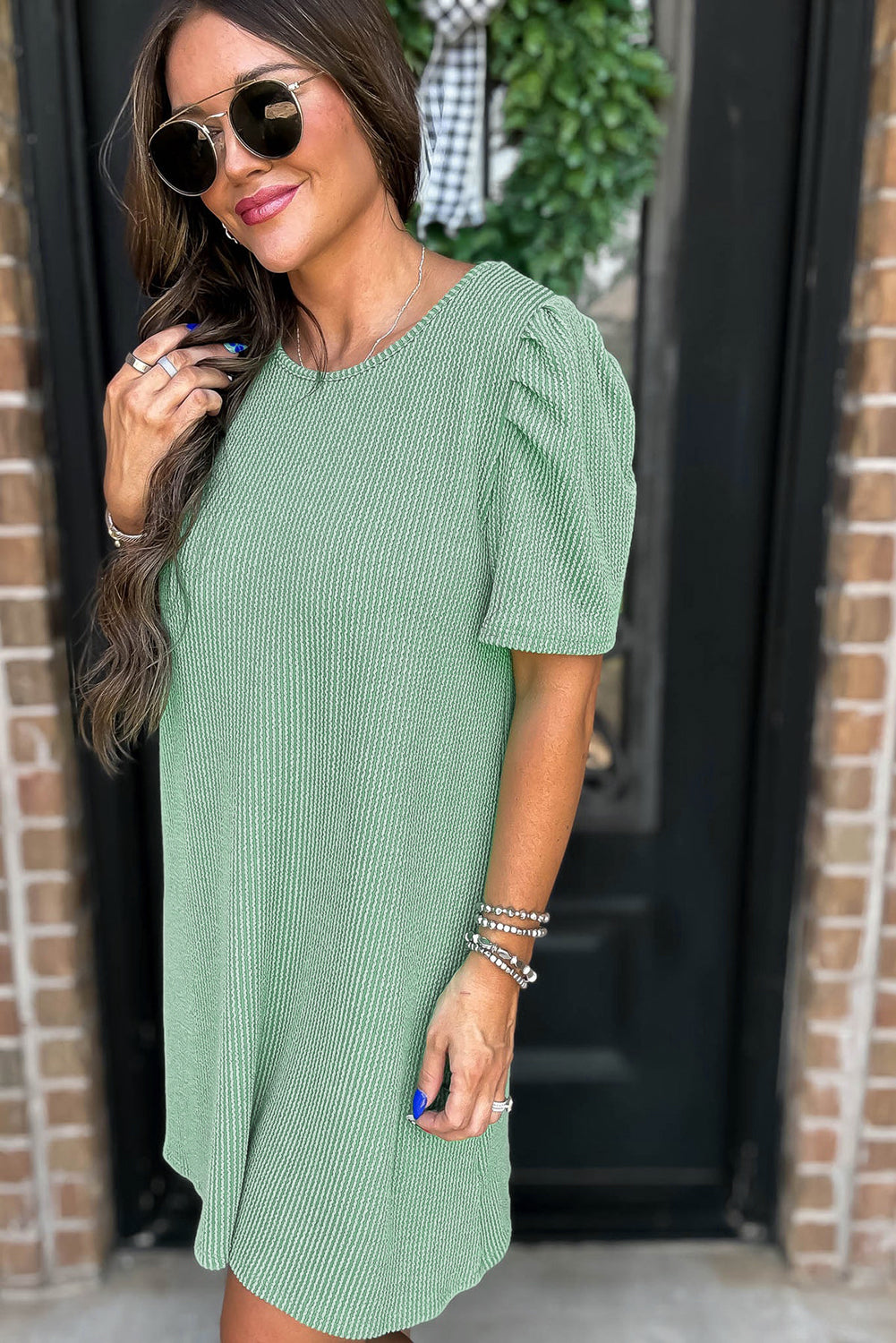 Mint Green Corded Crew Neck Puff Sleeve Mini Dress - The Fair Lady Shop
