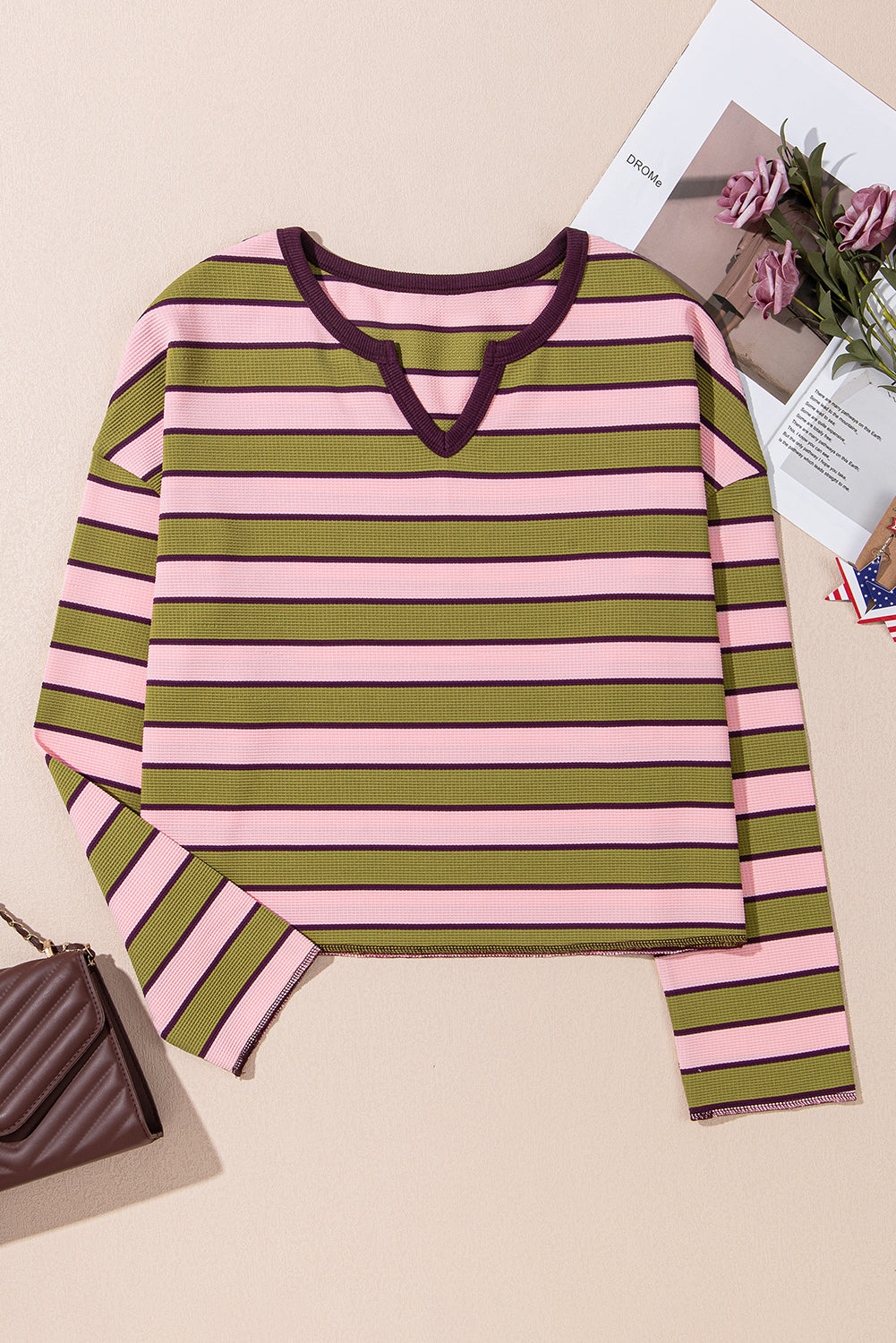Spinach Green Striped V-Neck Rib-knit Pullover Top - The Fair Lady Shop